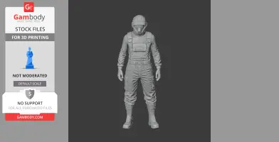 A 3D model of a futuristic armored character in a helmet and suit, ready for 3D printing.