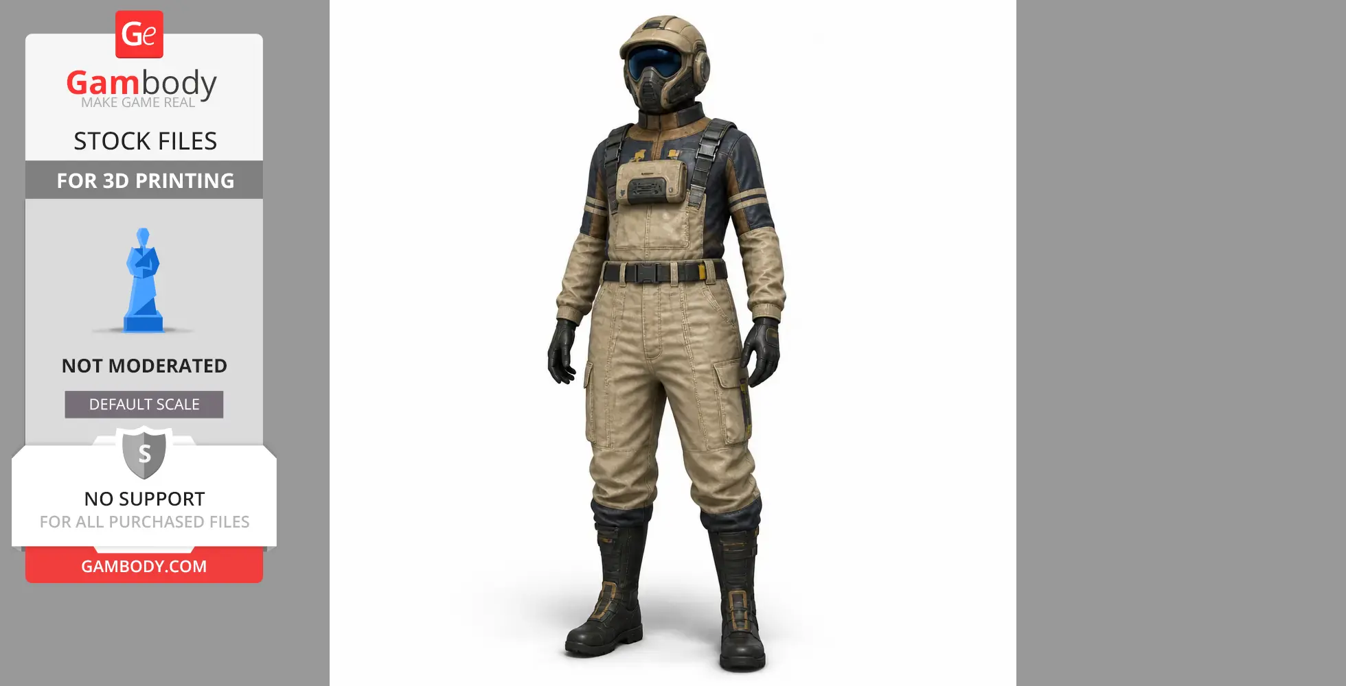 Sci-fi figure in helmet and suit, ready for 3D printing. Stands upright, detailed gear visible.