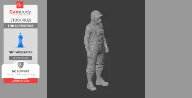 3D model of a futuristic character in a helmet and detailed suit, standing upright.