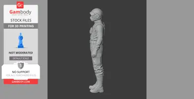 A detailed 3D model of a helmeted character in a spacesuit, standing upright, viewed from the side.