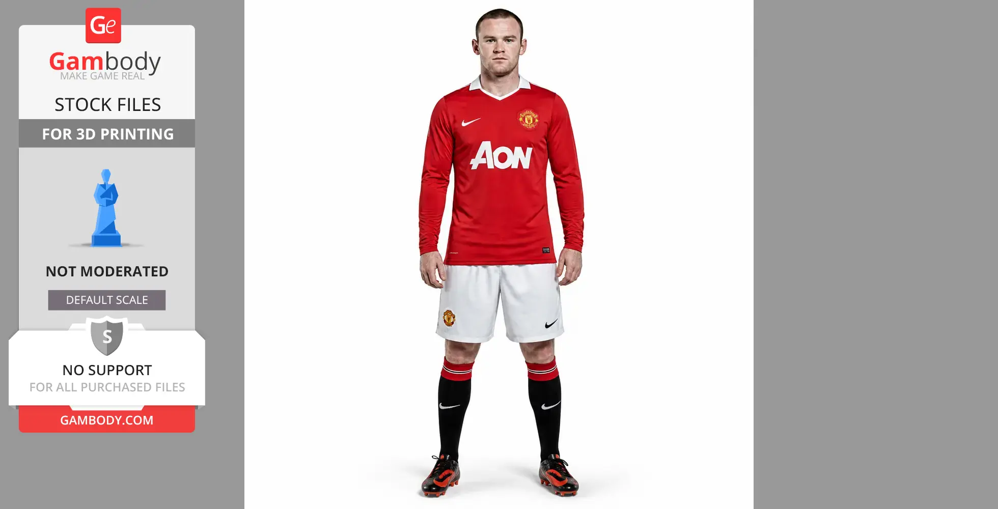A soccer player figurine in a red and white uniform, suitable for 3D printing, shown on Gambody.