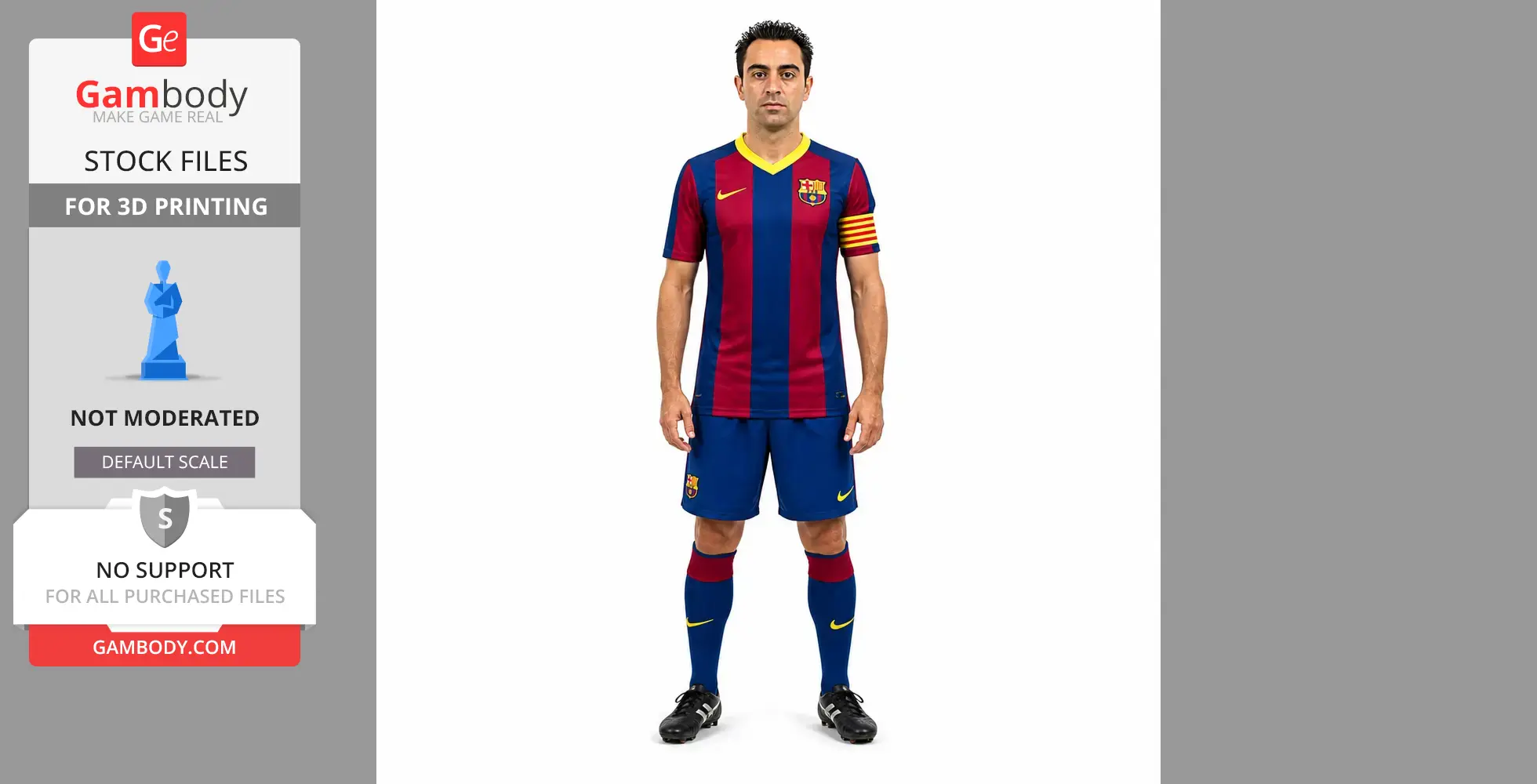 A 3D model file of a soccer player in a red and blue jersey, available for 3D printing from Gambody.