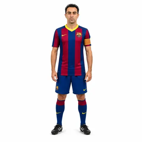 A figurine of a soccer player in a blue and red striped jersey, blue shorts, and soccer socks.