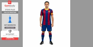 A 3D model file of a soccer player in a red and blue jersey, available for 3D printing from Gambody.