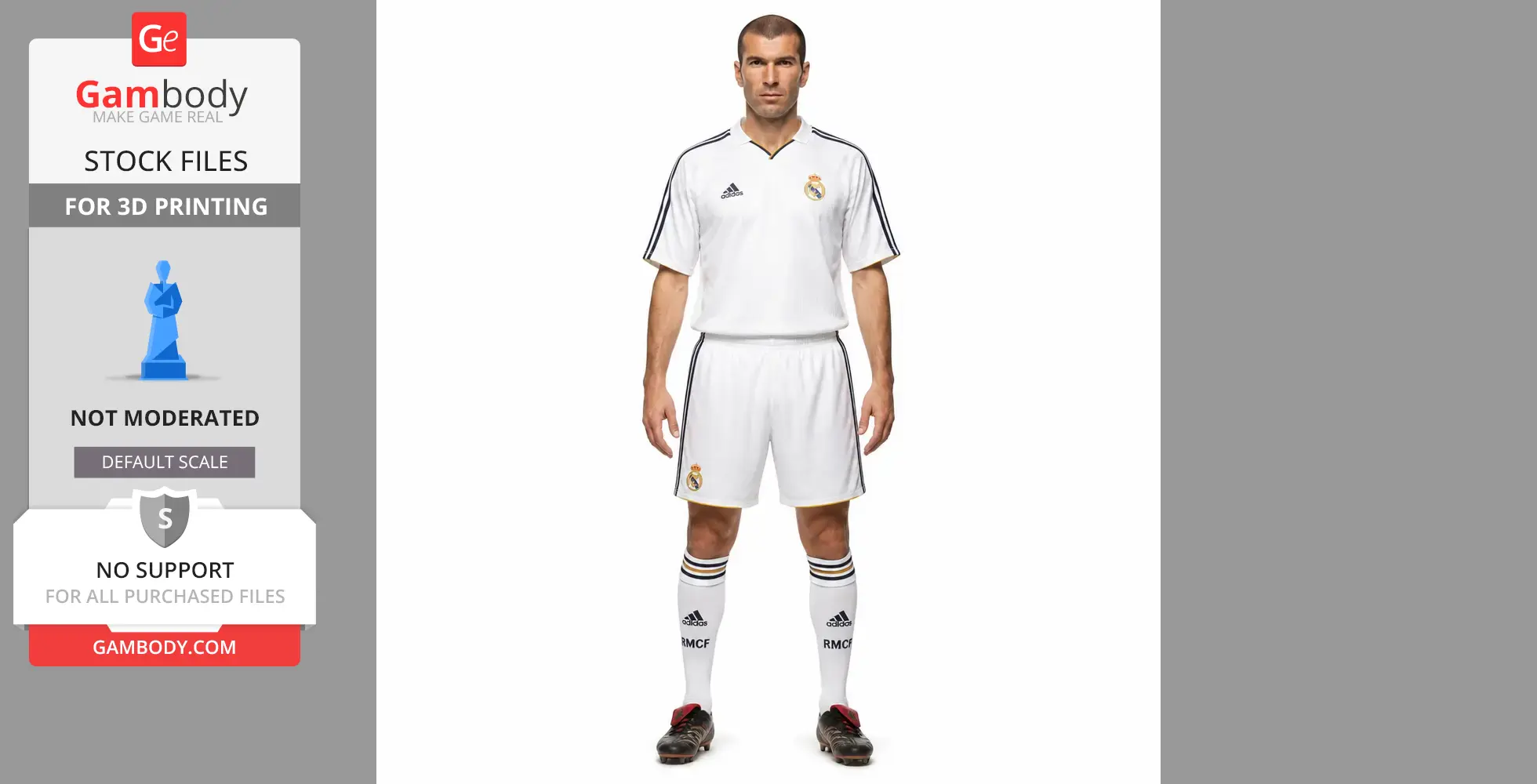 A figurine model of a poised soccer player in a white uniform, suitable for 3D printing.