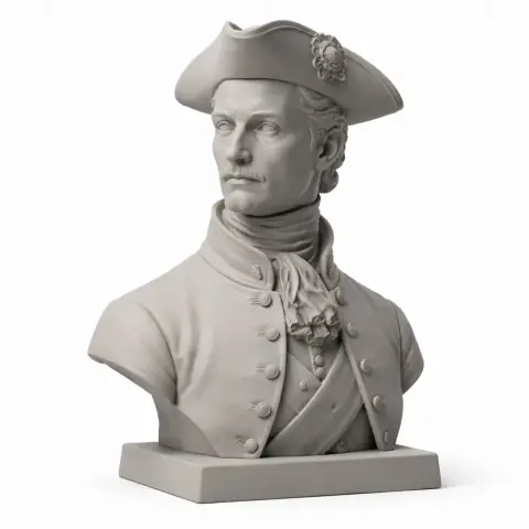 Bust of a historical figure wearing a tricorn hat and detailed military attire on a pedestal.
