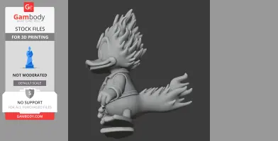 Duck character with flaming hair and tail, wearing a jacket and boots, depicted in a dynamic stance.