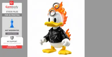 Duck in leather jacket with flaming hair and a ring on its head, resembling a mashup figure.