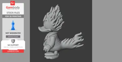 Mashup figure of a cartoon duck with fiery hair and tail, wearing a jacket, for 3D printing.