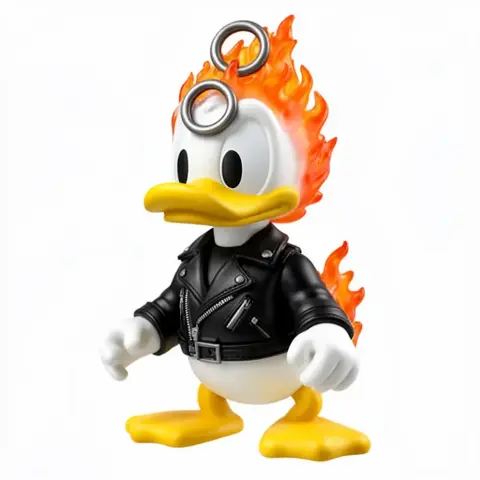 Donald Duck as Ghost Rider wearing a black leather jacket with flaming hair and goggles.