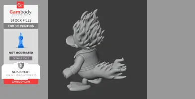 Duck-like figure with flaming hair and tail, wearing a jacket, rendered for 3D printing.