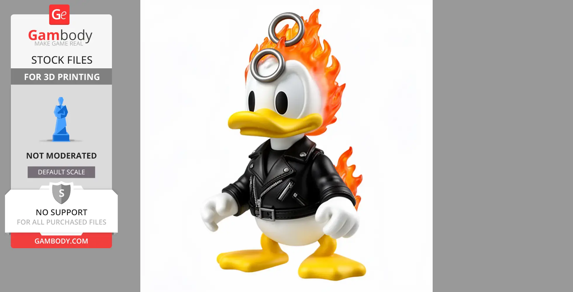 Duck in leather jacket with flaming hair and a ring on its head, resembling a mashup figure.