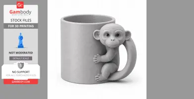 3D model of a mug with a monkey hugging the handle, designed for 3D printing.