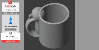A 3D model of a mug with a monkey design as the handle, for 3D printing.