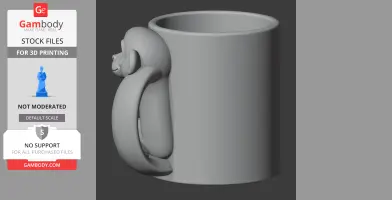 A 3D-printed mug featuring a monkey-shaped handle on its side.