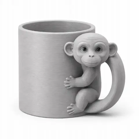 3D model of a mug with a cute monkey clinging to the handle.