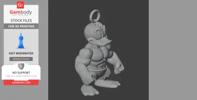 A muscular duck figure with a ring on its head, resembling a mashup of Donald Duck and the Hulk.