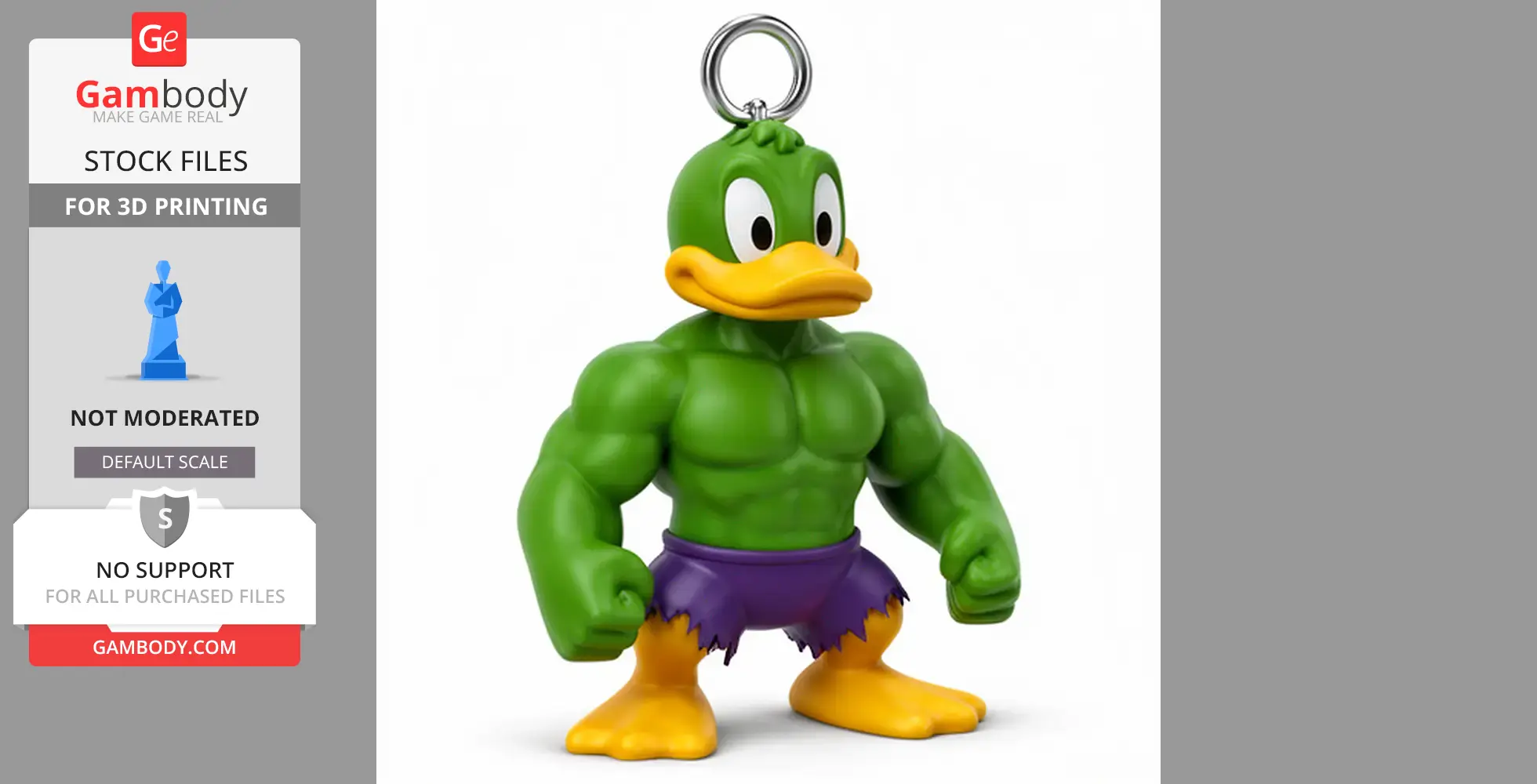 Mashup figure of a muscular green duck wearing purple shorts with a ring attached to its head.