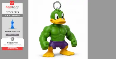 Mashup figure of a muscular green duck wearing purple shorts with a ring attached to its head.