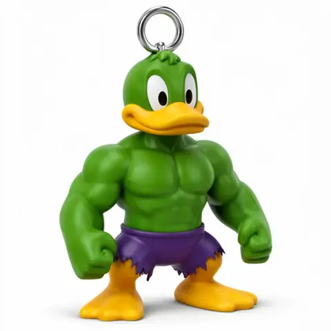 A muscular green duck figure with a ring on top, wearing purple shorts and yellow feet.