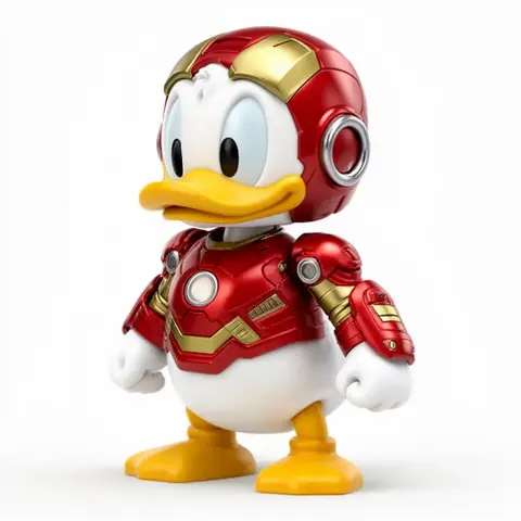 Donald Duck in Iron Man armor, combining classic elements of both characters in a stylized figure.