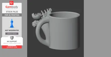 3D model of a mug with a moose head attached to the side as a decorative wall hook.