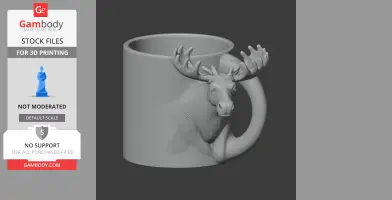 Gray mug with a moose head design, featuring antlers and detailed facial features on one side.