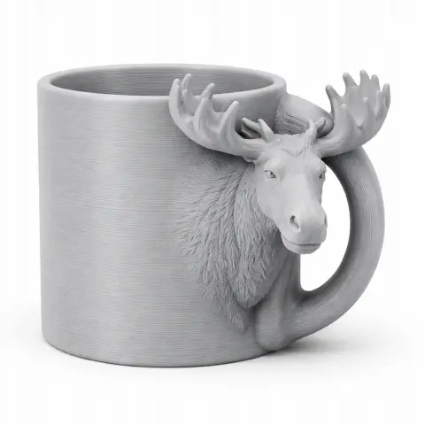 Moose-themed mug with detailed antlers and head as its handle, designed for 3D printing.