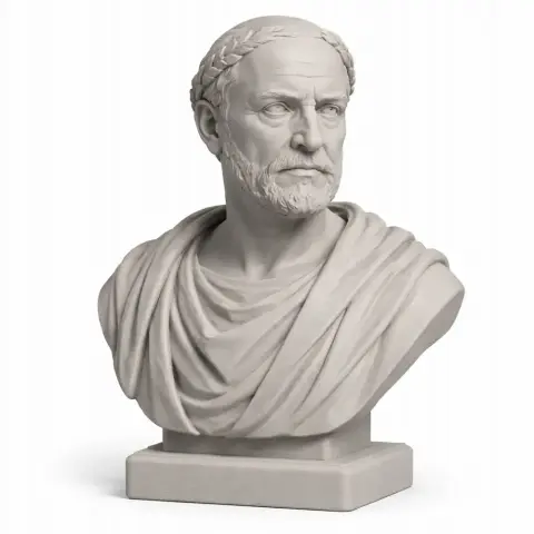 Bust of a historical warrior with a laurel wreath, wearing draped robes on a square pedestal.