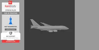 Gray 3D model of an Airbus A380, side view, isolated on a dark background.