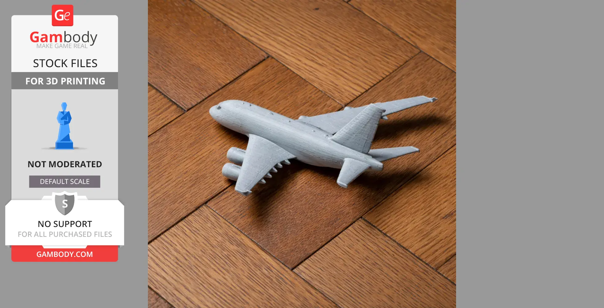 3D printed gray model of an Airbus A380 on a wooden floor.