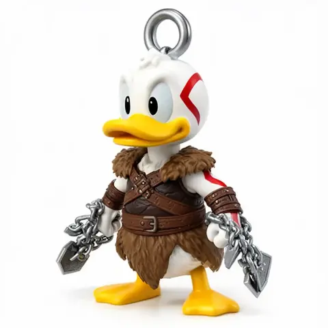 A duck character dressed as a warrior, holding chains with a loop on its head for a keychain.