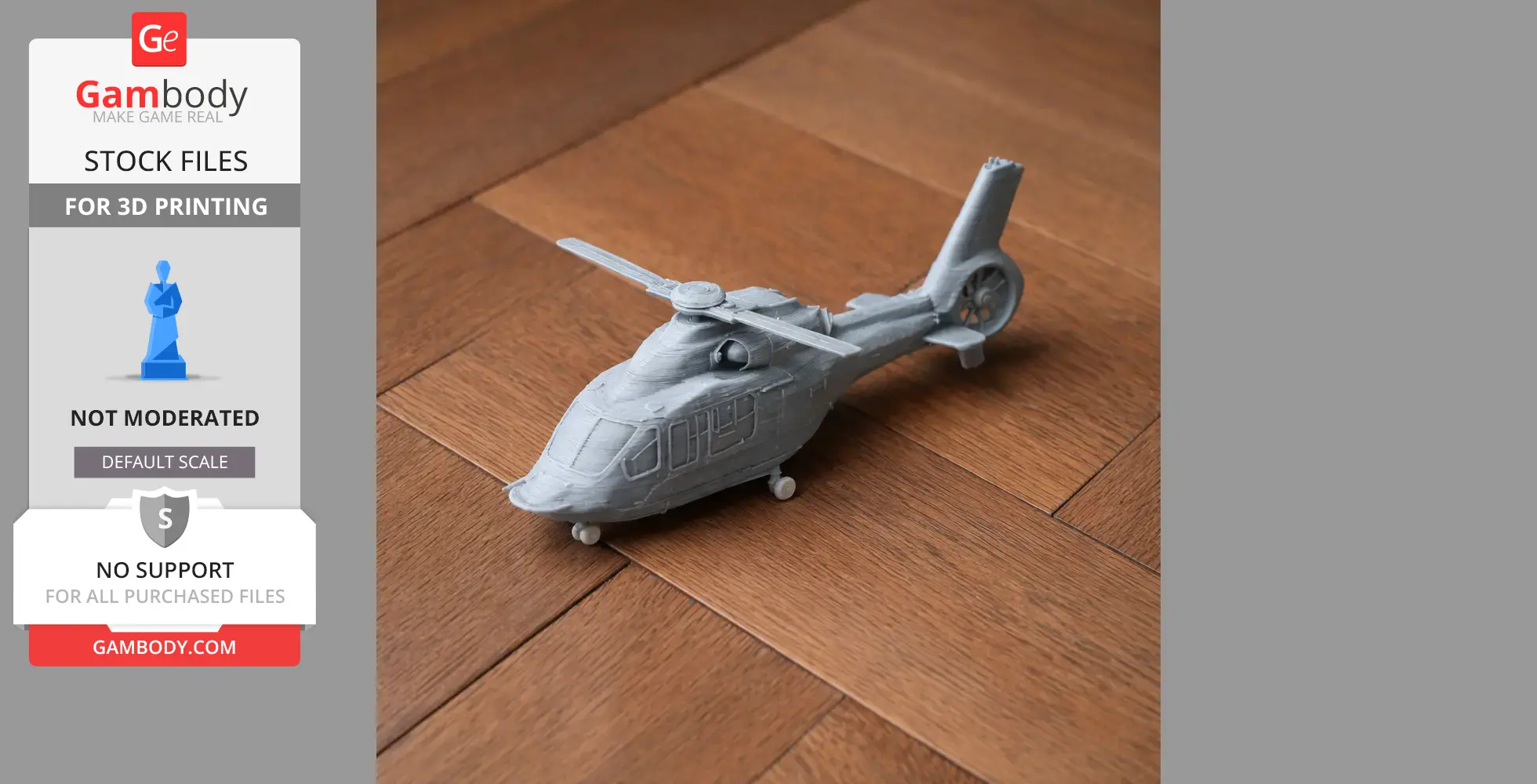 Gray 3D-printed model of an Airbus H160 helicopter on a wooden floor.