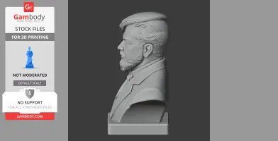 A 3D printable bust of a bearded man in profile, wearing a suit and beret.
