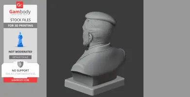 A 3D-printed bust of a bearded man wearing a beret, viewed from behind on a square base.