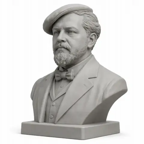 Bust of a man with a beard wearing a beret and suit, on a rectangular base.