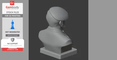 3D model of a man in a hat, viewed from behind, on a square base for 3D printing.