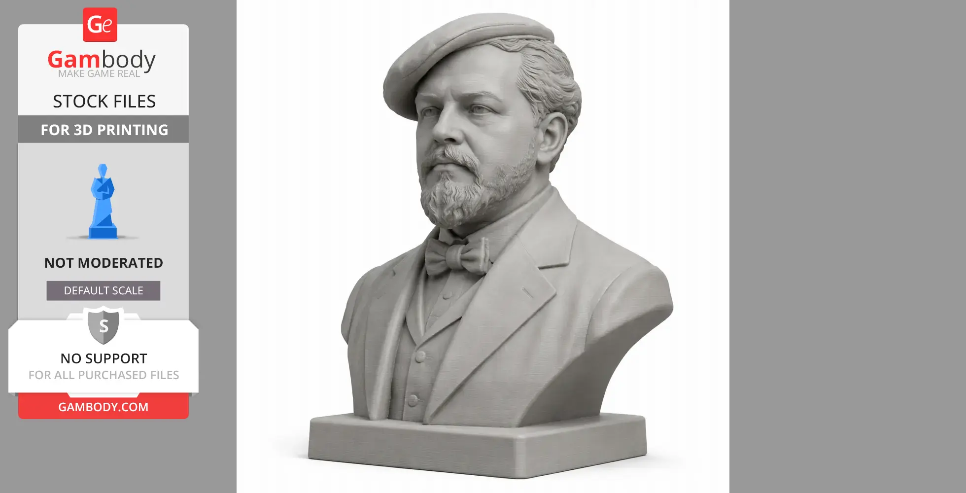 Bust of a distinguished man with a beard, wearing a beret, suit, and bow tie on a rectangular base.