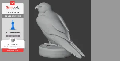 3D model of a lanner falcon perched on a round base, detailed with textured feathers.