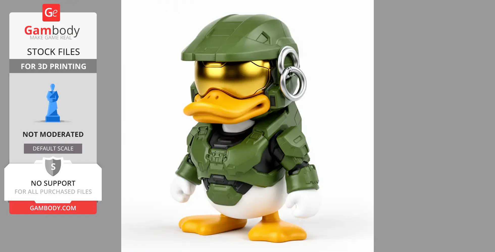 A duck character in green futuristic armor with a gold visor, resembling a popular video game soldier.