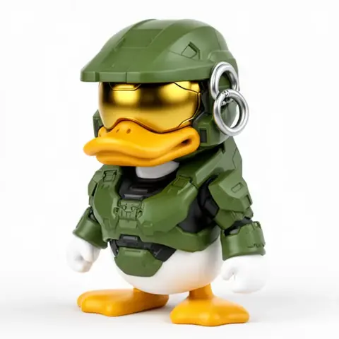 Mashup figurine of a duck in green sci-fi armor with a gold visor and rings, ready for 3D printing.