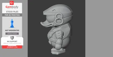 A 3D model of a duck character wearing futuristic armor and helmet, designed for 3D printing.