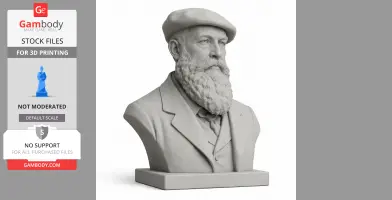 3D model of a bearded man wearing a hat and suit, designed for 3D printing, on a display stand.