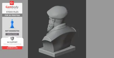 Bust of a bearded man in a cap, designed for 3D printing from a rear view.