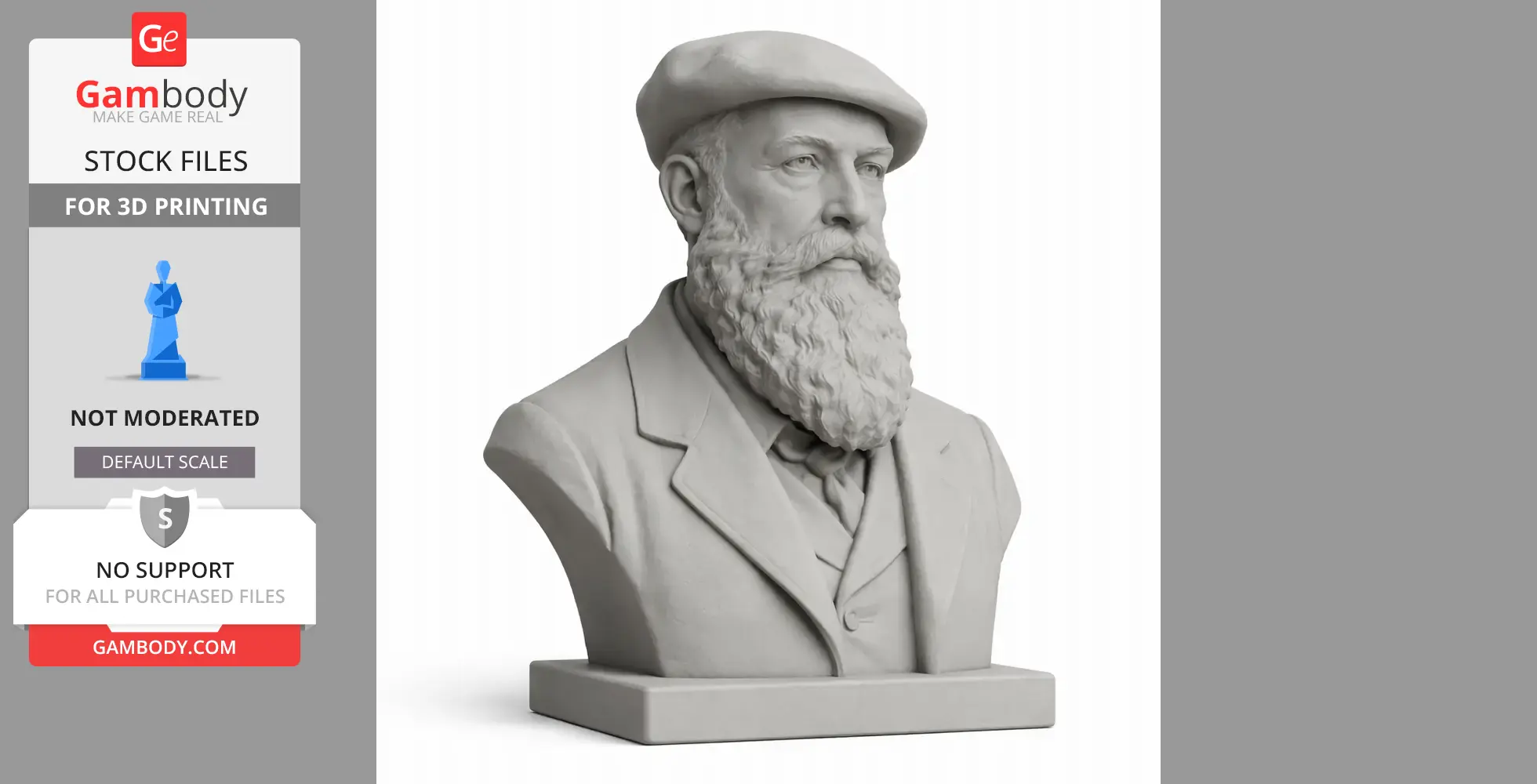 3D model of a bearded man wearing a hat and suit, designed for 3D printing, on a display stand.