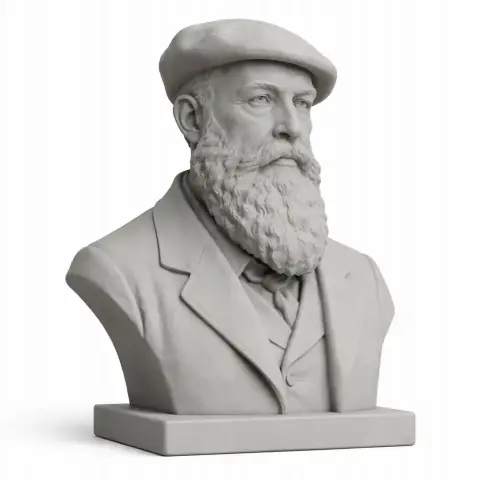 Bust of a bearded man in a hat and suit, resembling a historical figure.