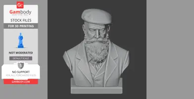 3D bust of a bearded man in a hat and suit, with a stern expression.