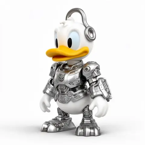 A duck character wearing futuristic metallic armor, resembling a transformer.