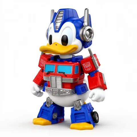 A figure combining Donald Duck and Optimus Prime, featuring a duck with a robotic suit and truck-like details.