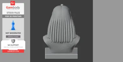 Back view of a 3D-printed Cleopatra bust, showing detailed braided hair on a pedestal.